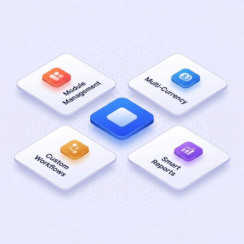Cloud Management Platform exclusive features illustration showing module management, multi-currency, custom workflows and smart reports